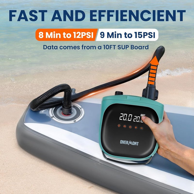 Overmont مضخة لوح التجديف الكهربائية المحمولة، 20 PSI مضخة هواء SUP مع إيقاف تلقائي، تضخيم وتفريغ سريع مزدوج، شاشة LCD، محول سيارة 12 فولت للنفخ، الكاياك، القوارب، الخيام - Image 2